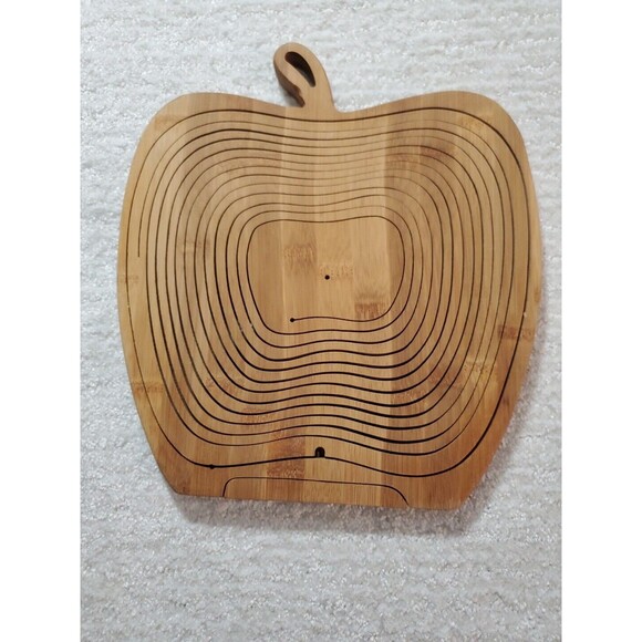 Apple Shaped Collapsible Folding Fruit Storage Basket Wooden Layer Trivet Bowl - Picture 9 of 9